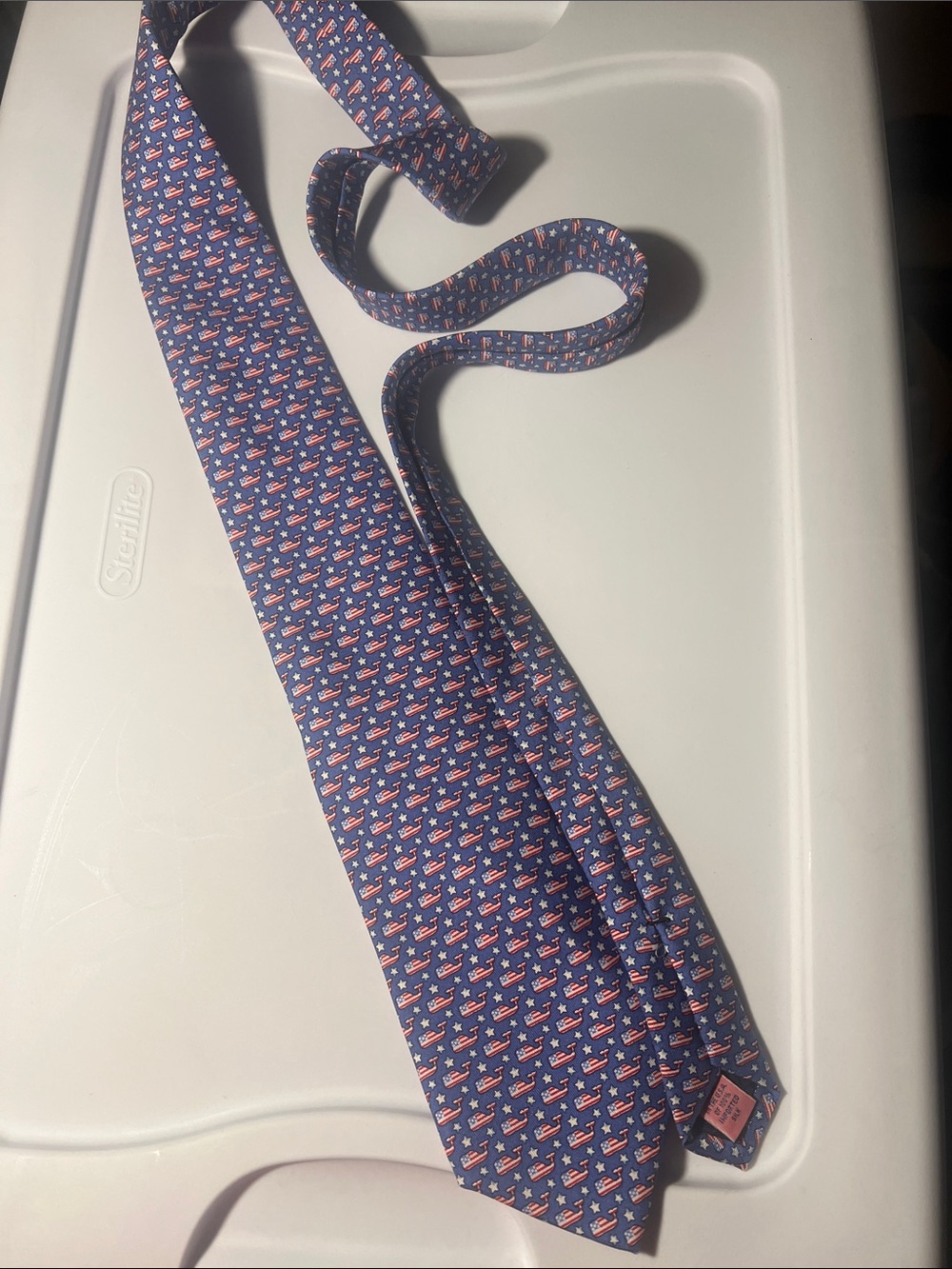 Vineyard Vines Navy Silk Tie with Red & White Whale Motif